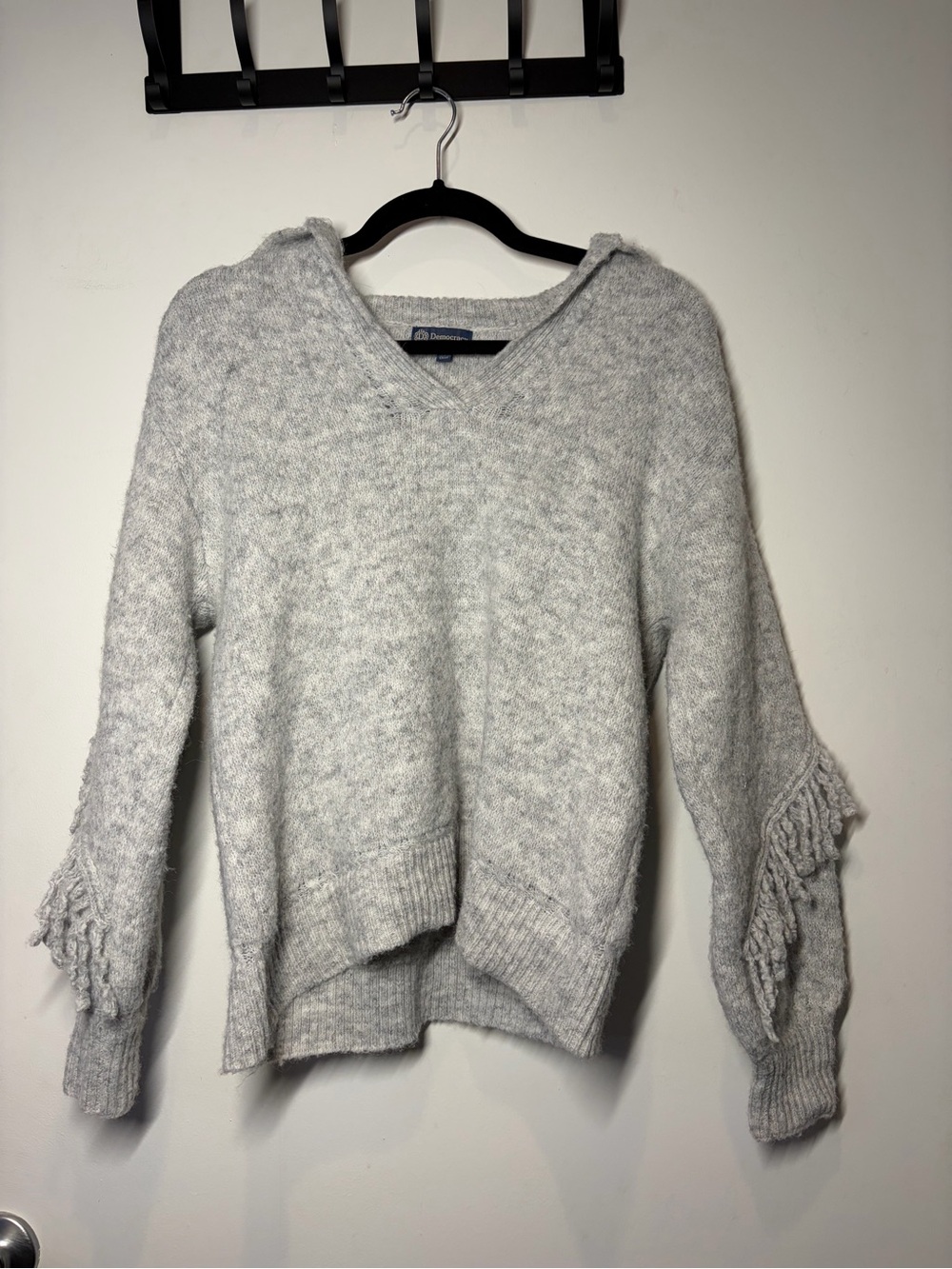 Democracy Light Gray V-Neck Fringe Sleeve Pullover